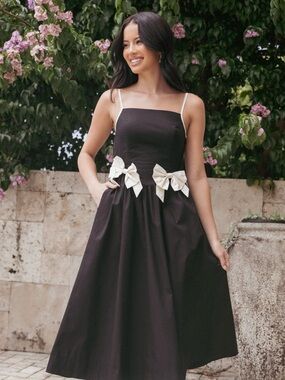 NWT: Petal & Pup Black Midi Dress with Cream Bow Trims- size Med